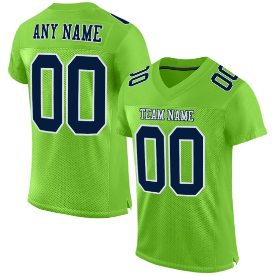 Maillot de football personnalisé bleu marine, blanc, vert, en maille néon authentique Maillot de football personnalisé bleu marine, blanc, vert, en maille néon authentique