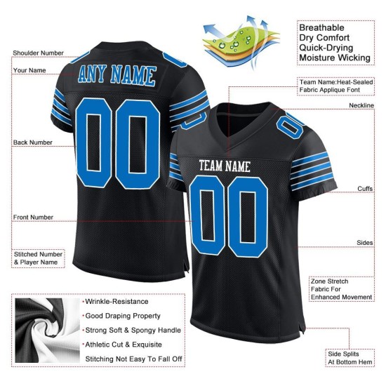 Maillot de football personnalisé authentique noir Panther en maille bleu-blanc