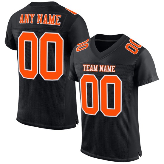 Maillot de football personnalisé orange-blanc en maille authentique noir Maillot de football personnalisé orange-blanc en maille authentique noir