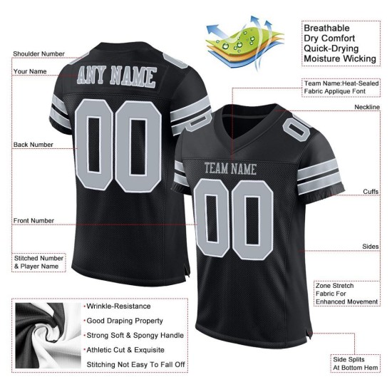 Maillot de football personnalisé en maille noire, argent et blanc, authentique Maillot de football personnalisé en maille noire, argent et blanc, authentique
