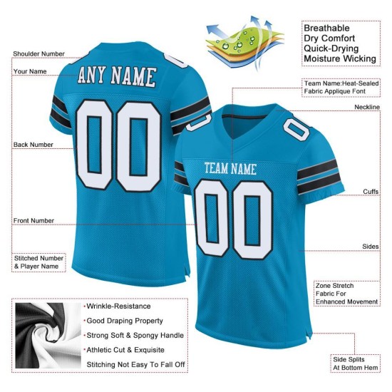 Maillot de football Panther bleu en maille authentique personnalisé blanc-noir Maillot de football Panther bleu en maille authentique personnalisé blanc-noir