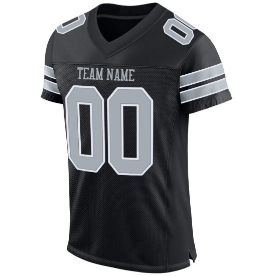Maillot de football personnalisé en maille noire, argent et blanc, authentique Maillot de football personnalisé en maille noire, argent et blanc, authentique