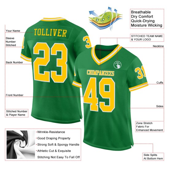 Maillot de football personnalisé vert gazon doré et blanc authentique en maille rétro Maillot de football personnalisé vert gazon doré et blanc authentique en maille rétro