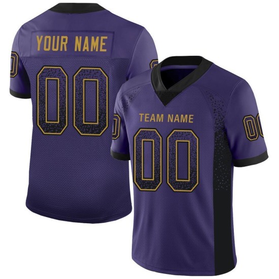 Maillot de football personnalisé en maille dorée, violet et noir, style ancien Maillot de football personnalisé en maille dorée, violet et noir, style ancien