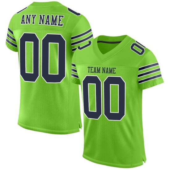Maillot de football en maille néon authentique personnalisé bleu marine-blanc vert Maillot de football en maille néon authentique personnalisé bleu marine-blanc vert