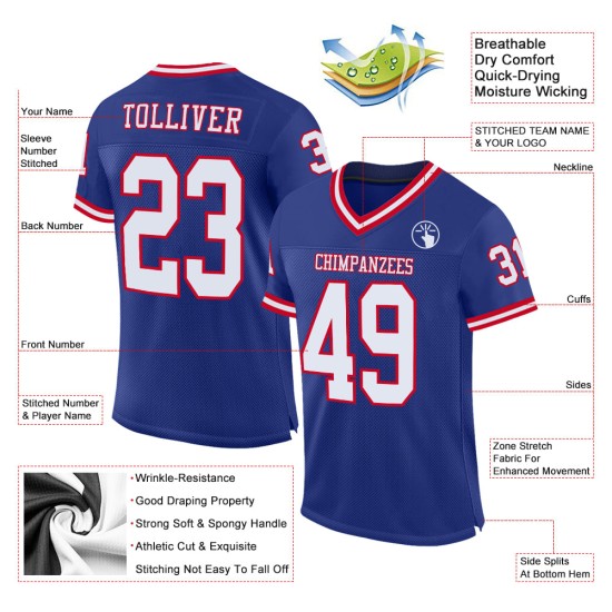 Maillot de football personnalisé en maille rétro authentique Royal Blanc-Rouge Maillot de football personnalisé en maille rétro authentique Royal Blanc-Rouge