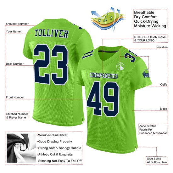 Maillot de football personnalisé bleu marine, blanc, vert, en maille néon authentique Maillot de football personnalisé bleu marine, blanc, vert, en maille néon authentique