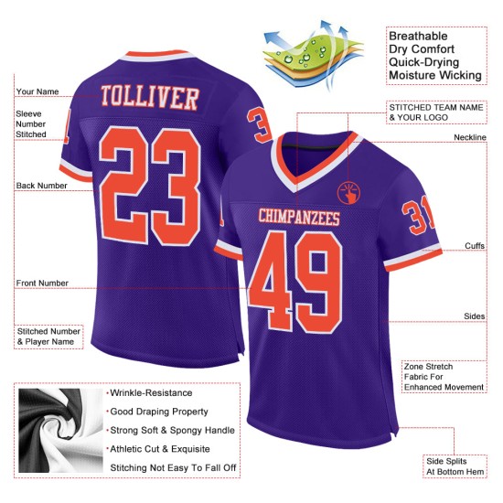 Maillot de football personnalisé en maille orange-blanc rétro violet authentique Maillot de football personnalisé en maille orange-blanc rétro violet authentique