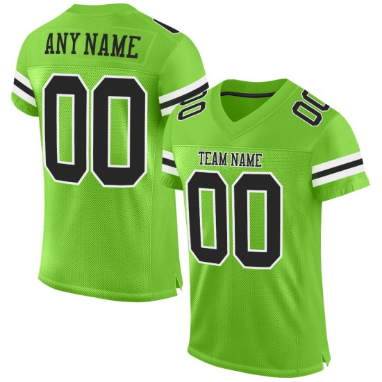 Maillot de football personnalisé en maille noir et blanc fluo, vert authentique Maillot de football personnalisé en maille noir et blanc fluo, vert authentique