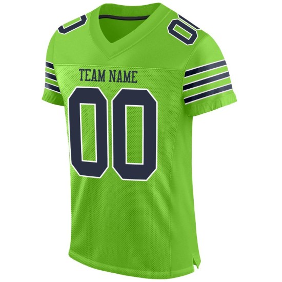 Maillot de football en maille néon authentique personnalisé bleu marine-blanc vert Maillot de football en maille néon authentique personnalisé bleu marine-blanc vert