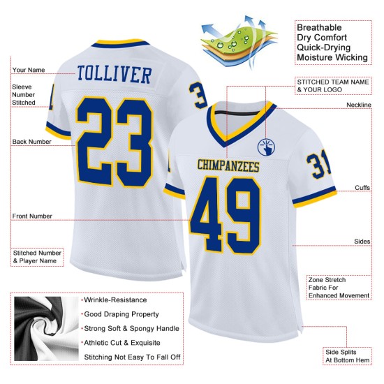 Maillot de football rétro en maille personnalisée blanc authentique Royal-Gold Maillot de football rétro en maille personnalisée blanc authentique Royal-Gold