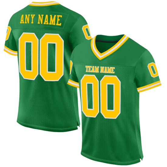 Maillot de football personnalisé vert gazon doré et blanc authentique en maille rétro Maillot de football personnalisé vert gazon doré et blanc authentique en maille rétro