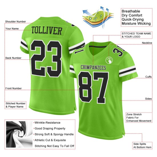 Maillot de football personnalisé en maille noir et blanc fluo, vert authentique Maillot de football personnalisé en maille noir et blanc fluo, vert authentique